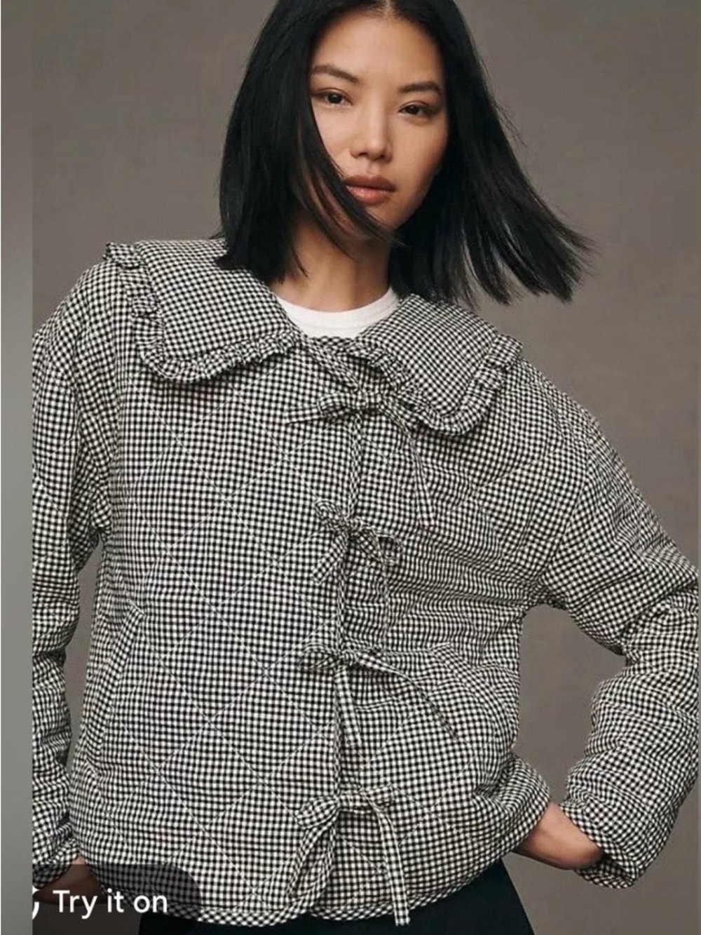 Maeve Black & White Gingham Tie-Front Quilted Jacket with Peter Pan Collar